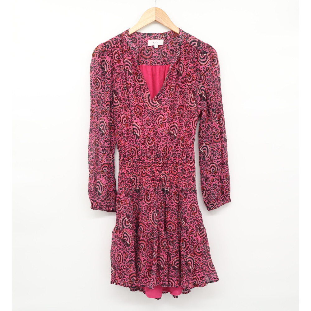 A.L.C Women's 100% Silk Sari Long Sleeve Pink and Black Mini Dress Sz 4